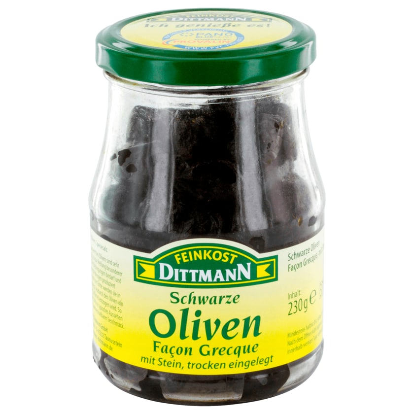 Feinkost Dittmann Oliven Facon Grecque schwarz mit Stein & trocken eingelegt 230g
